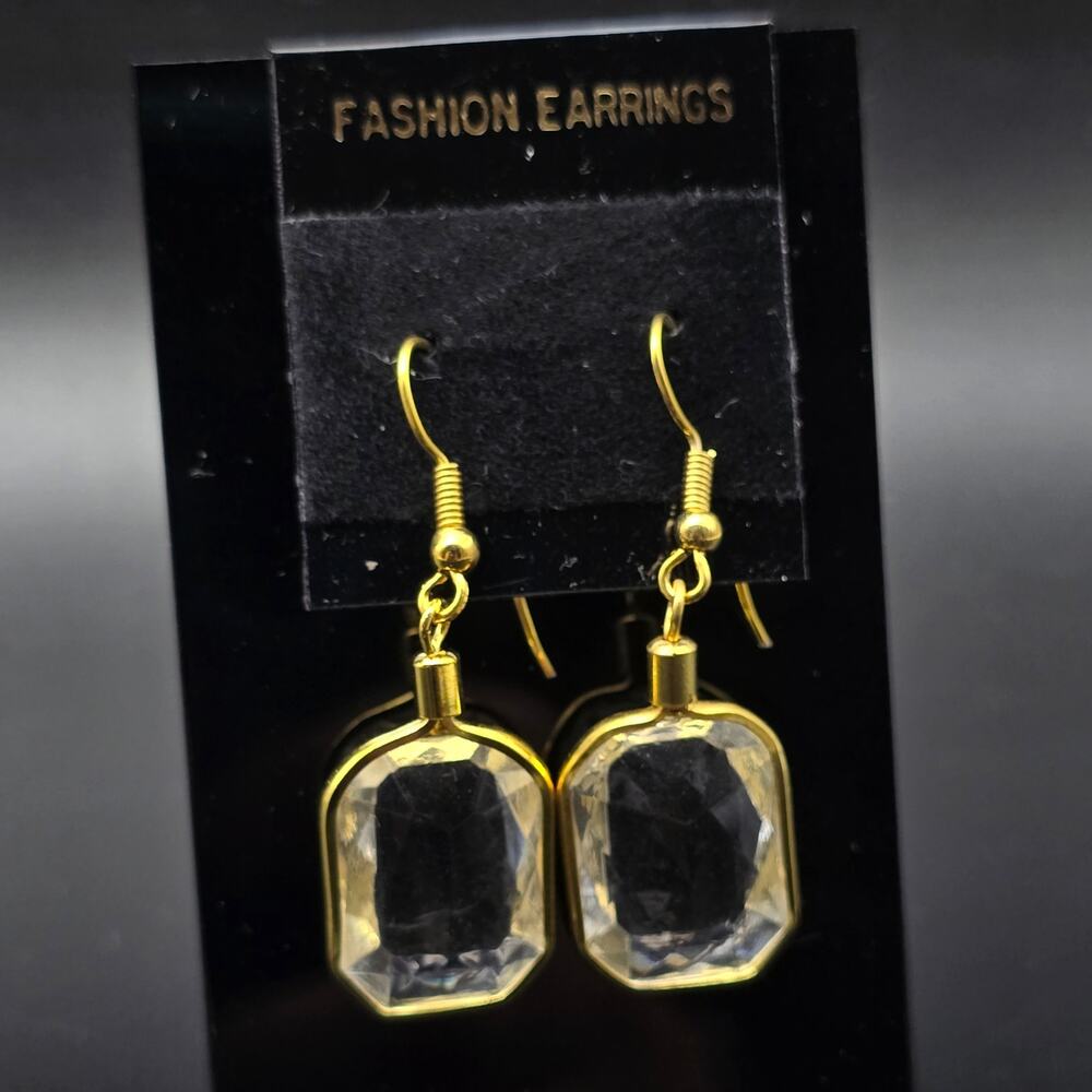 Clear Rhinestone Rectangle Earrings Dangle Drop Vintage 1980s NOS On Card